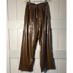 Olivaceous Faux Leather Pull On Elastic Waist Wide Leg‎ Brown Pants Size S